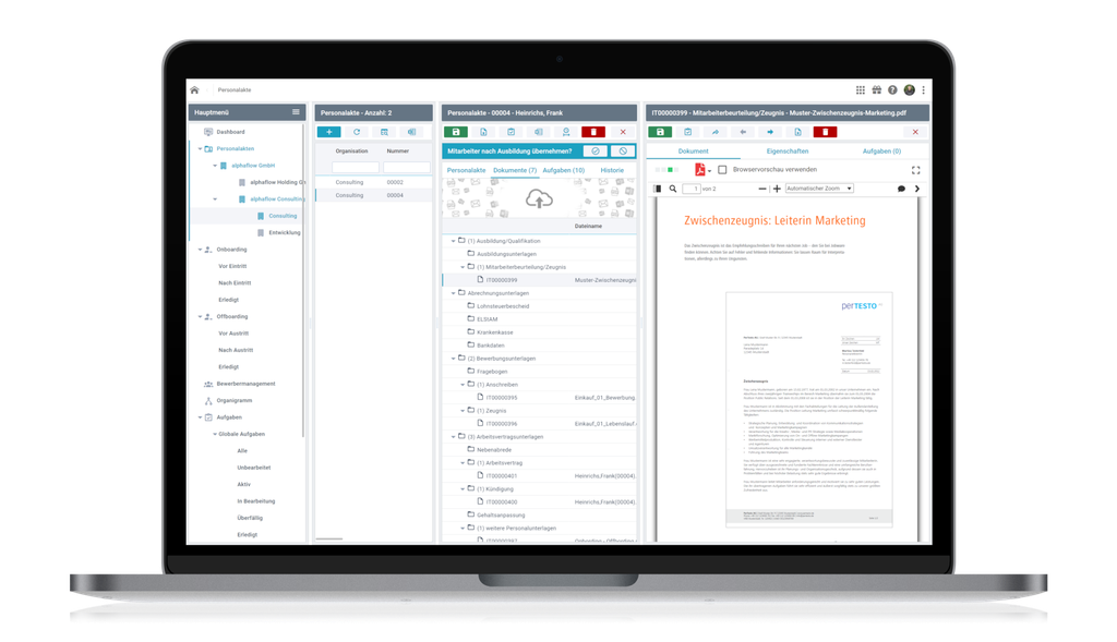 A laptop displaying a digital interface with multiple tabs, including training organization, process management, and a marketing document.