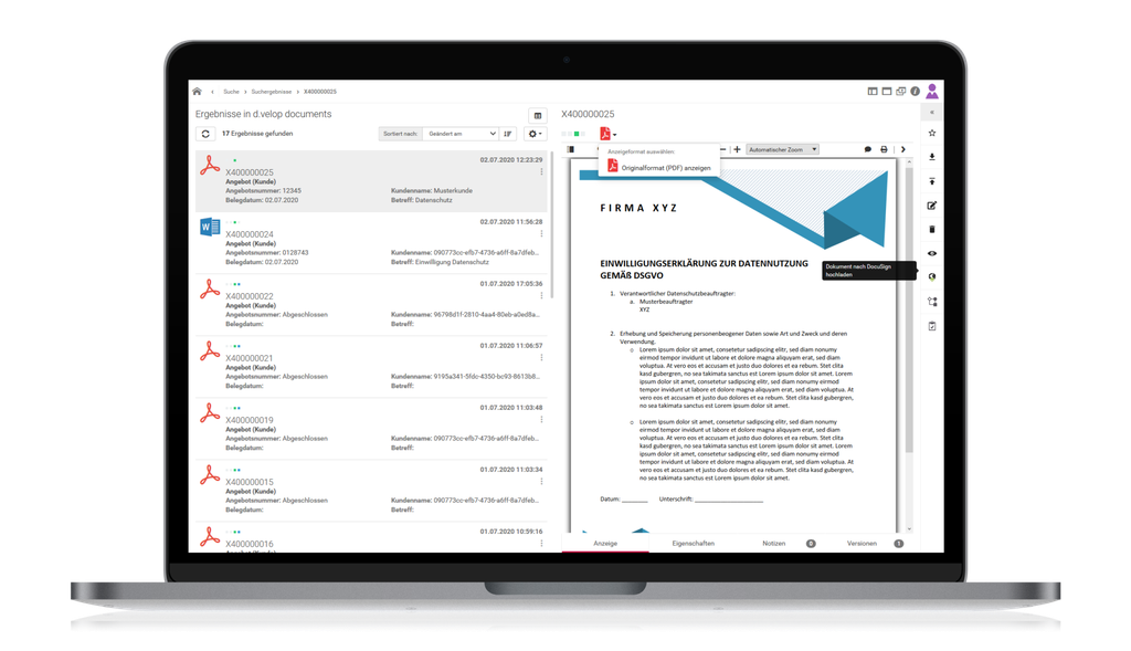 Laptop, auf dem ein Dokumentenverwaltungssystem mit einem PDF-Viewer und einer Liste von Dokumenten in der linken Seitenleiste angezeigt wird.