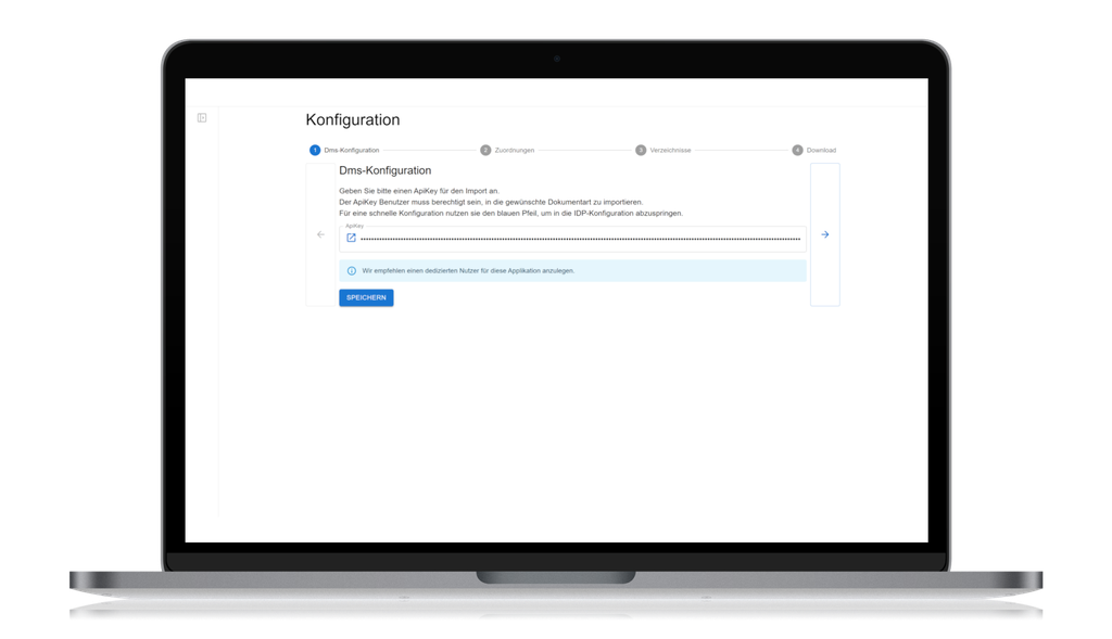 Laptop-Bildschirm, auf dem eine Softwarekonfigurationsseite in deutscher Sprache mit einem Fortschrittsbalken und der Schaltfläche „Speichern“ angezeigt wird.