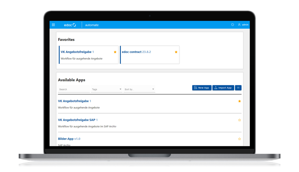 Laptop mit einer Software-Oberfläche, die Bereiche für „Favoriten“ und „Verfügbare Apps“ umfasst, darunter Optionen wie VK und edoc contract.