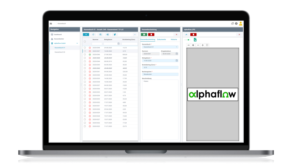 Laptop, auf dem ein Dashboard mit Datentabellen, Formularfeldern und einem Logo auf der rechten Seite zu sehen ist. Auf dem Bildschirm ist das „alphaflow“-Logo zu sehen.