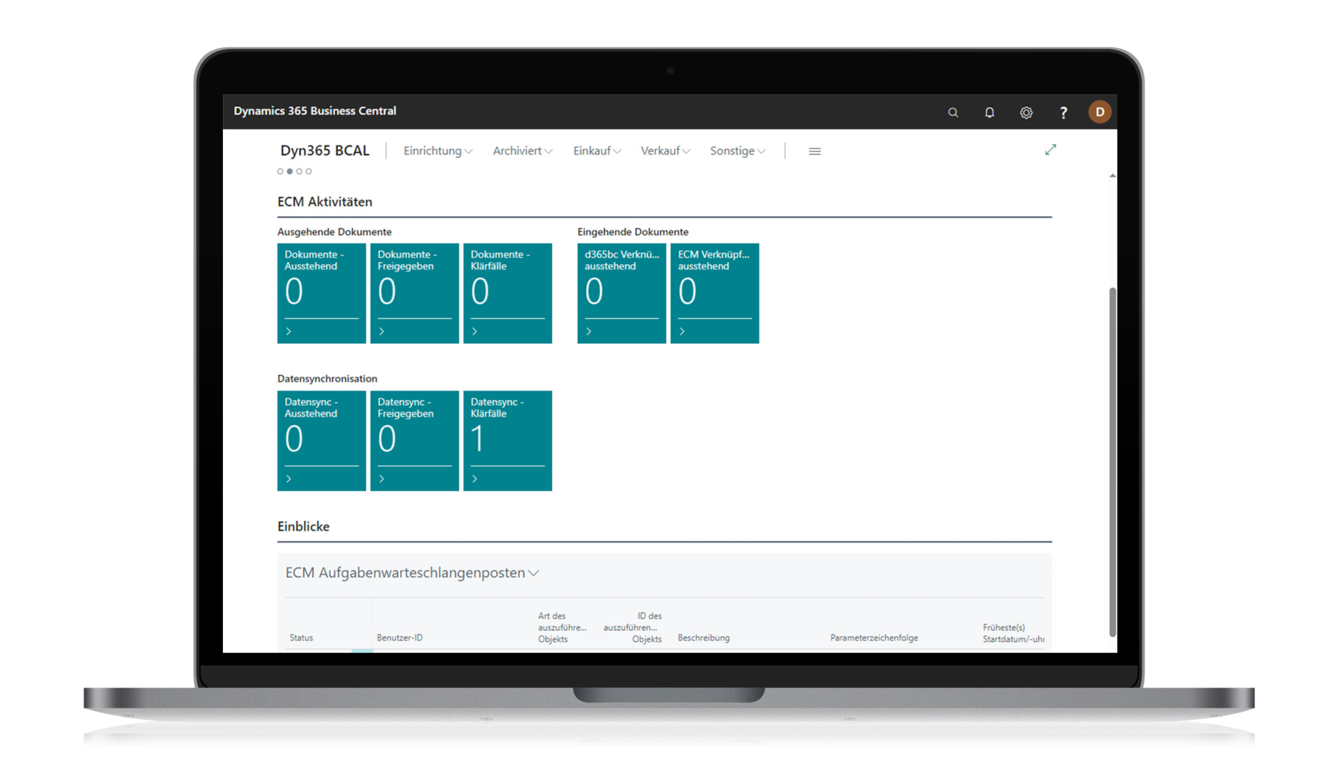 Laptop mit Dynamics 365 Business Central und einem Dashboard, das ECM-Aktivitäten und Details zur Datensynchronisation anzeigt.
