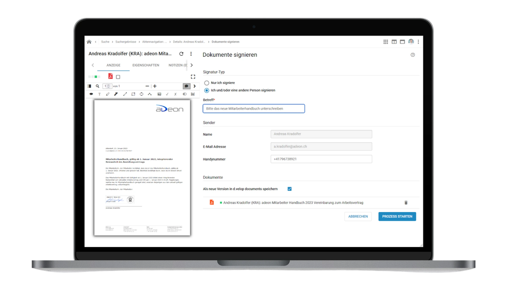 Laptop, auf dem eine Schnittstelle zum Unterzeichnen von Dokumenten angezeigt wird, mit Angaben zum Absender und Optionen zum Hinzufügen einer digitalen Signatur oder zum manuellen Ausfüllen.
