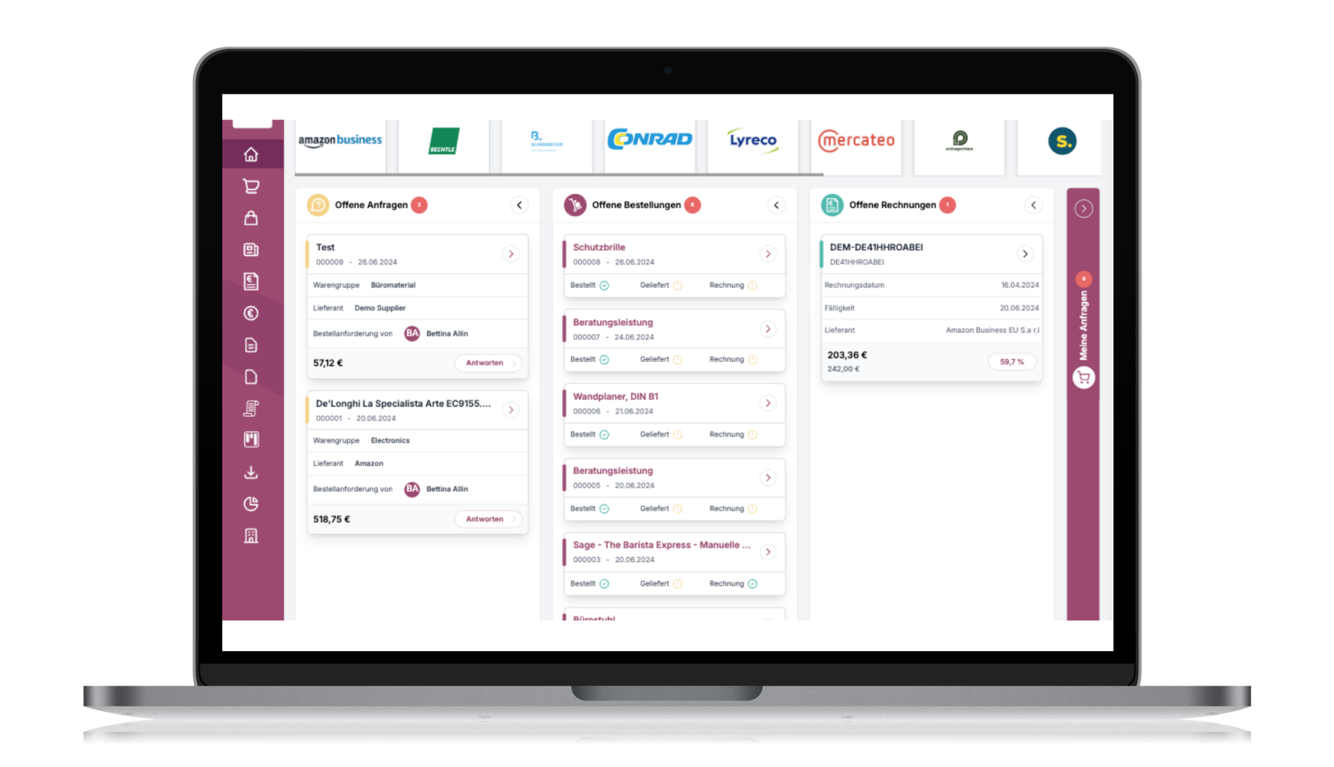 Laptop mit einem Dashboard mit Finanzdaten, darunter Bereiche für Transaktionen, Rechnungen und Lieferantenlogos im oberen Bereich.