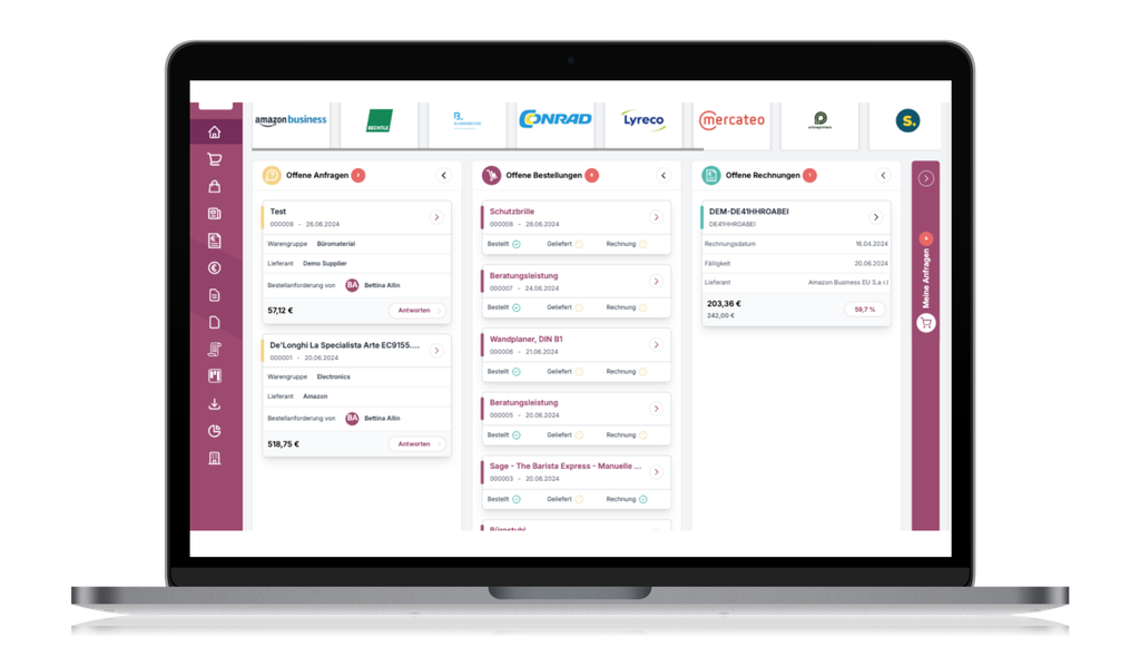 Laptop mit einem Dashboard mit Finanzdaten, darunter Bereiche für Transaktionen, Rechnungen und Lieferantenlogos im oberen Bereich.