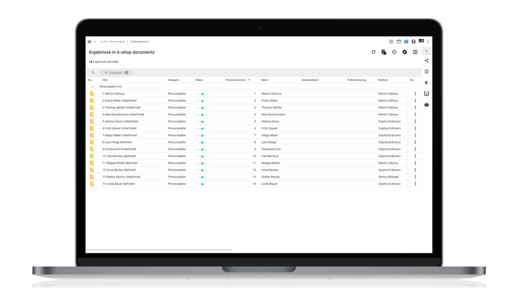 Laptop, auf dem eine Dokumentenverwaltungsoberfläche mit einer Listenansicht von Dateinamen, Kategorien und Details wie Änderungsdaten und Benutzernamen angezeigt wird.