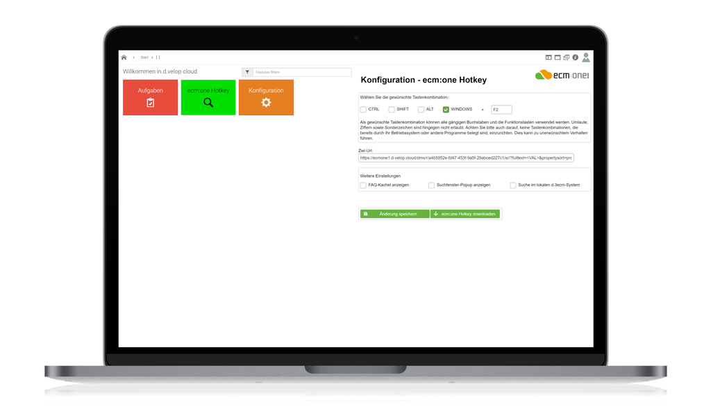 Laptop screen displaying a software interface for configuring "ecm:one Hotkey" with options for key combinations and additional settings.