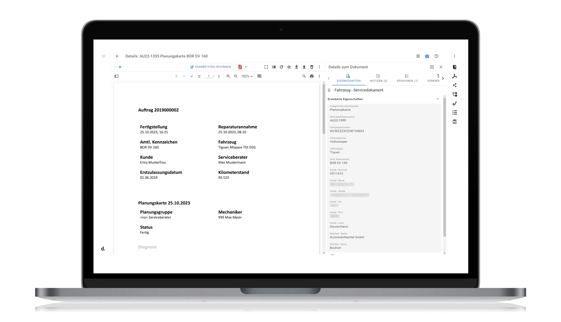 Ein Laptop-Bildschirm, auf dem ein Dokument in deutscher Sprache angezeigt wird, bestehend aus Textspalten und einer Seitenleiste mit detaillierten Informationen und Symbolen.