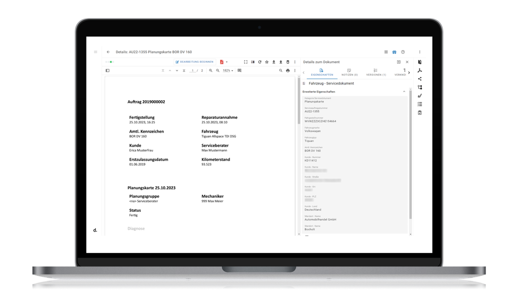 Ein Laptop-Bildschirm, auf dem ein Dokument in deutscher Sprache angezeigt wird, bestehend aus Textspalten und einer Seitenleiste mit detaillierten Informationen und Symbolen.