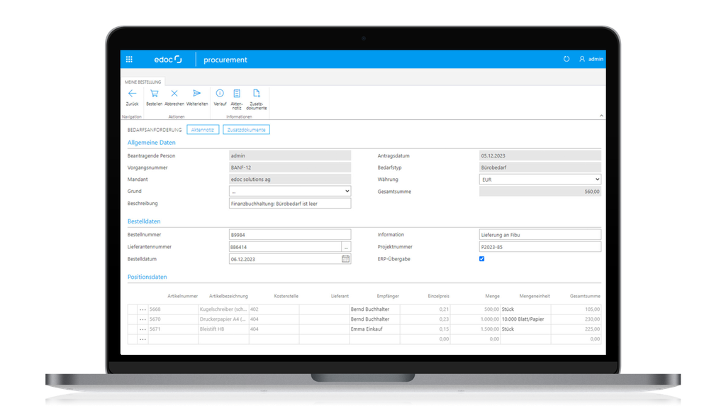 Laptop-Bildschirm mit einer E-Procurement-Software, die Bestelldetails anzeigt, darunter Verwaltungsinformationen, Bestelldatum und Artikelliste.