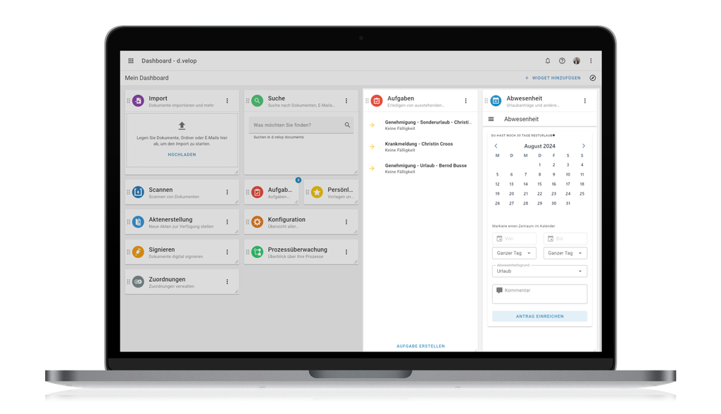 Ein Laptop-Bildschirm, auf dem eine Dashboard-Oberfläche mit Aufgabenverwaltung, Kalender und verschiedenen Funktions-Widgets in einem übersichtlichen Layout angezeigt wird.