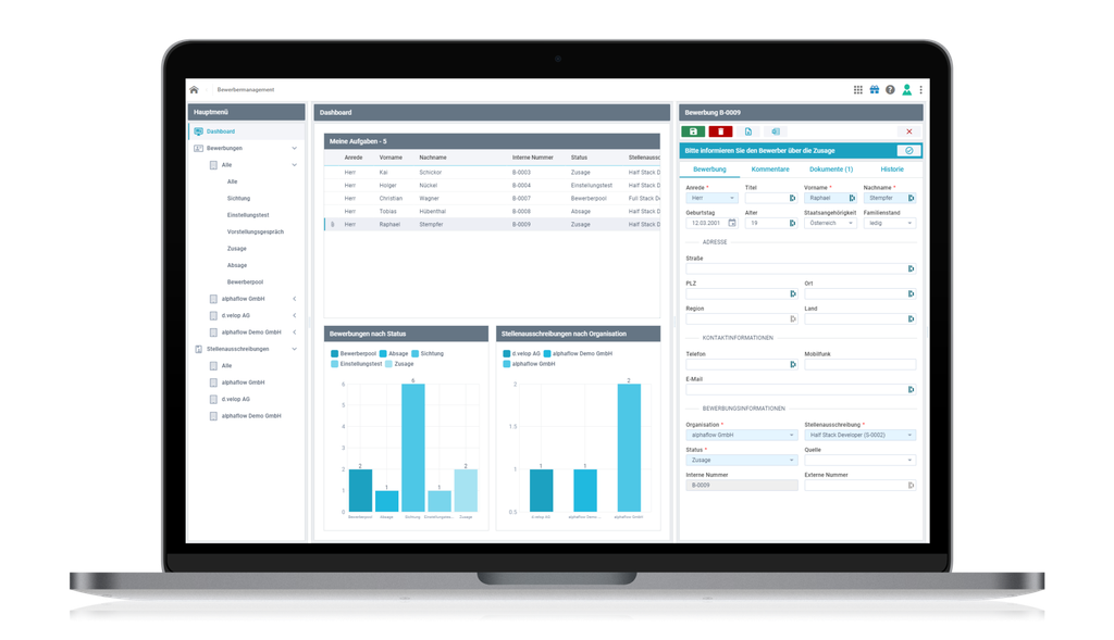 Laptop displaying a dashboard with data tables, charts, and input fields in a user interface, featuring a left-side navigation menu.