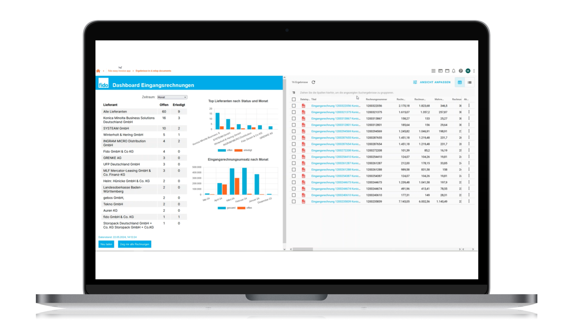 Laptop-Bildschirm, auf dem ein Daten-Dashboard mit Diagrammen und Tabellen angezeigt wird, mit deutschem Text und der Hervorhebung von „Eingangsmessungen“.
