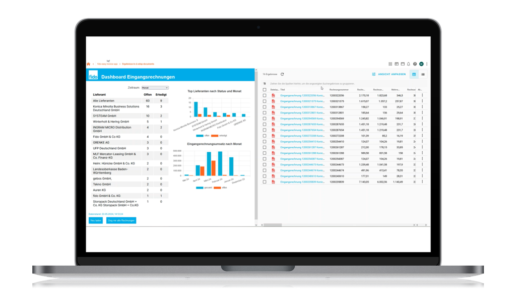 Laptop-Bildschirm, auf dem ein Daten-Dashboard mit Diagrammen und Tabellen angezeigt wird, mit deutschem Text und der Hervorhebung von „Eingangsmessungen“.