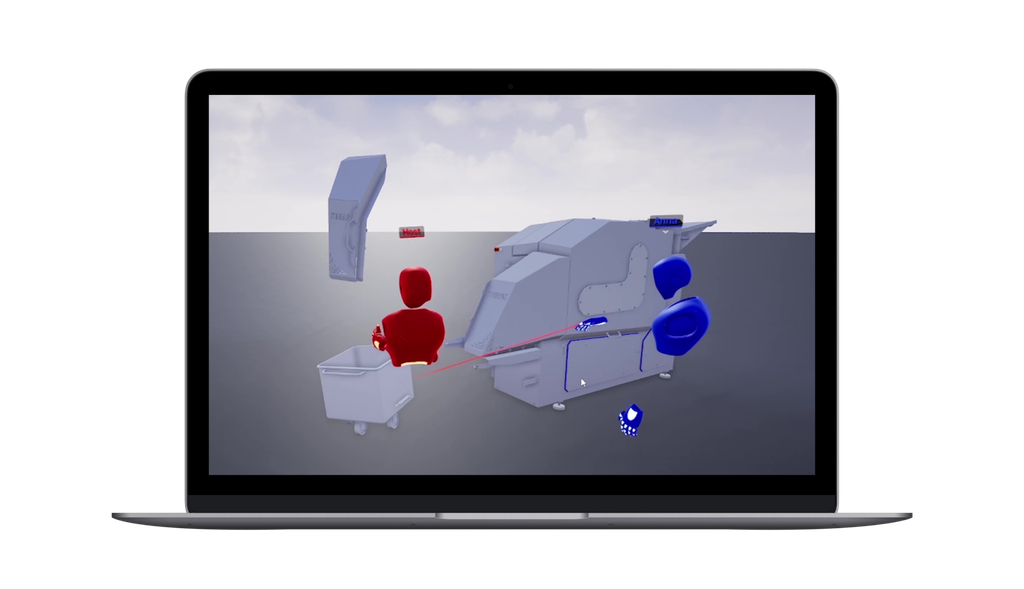 VR-Schnittstelle auf einem Laptop-Bildschirm, die rote und blaue geometrische Figuren zeigt, die mit einer virtuellen Maschine in einer 3D-Umgebung interagieren.
