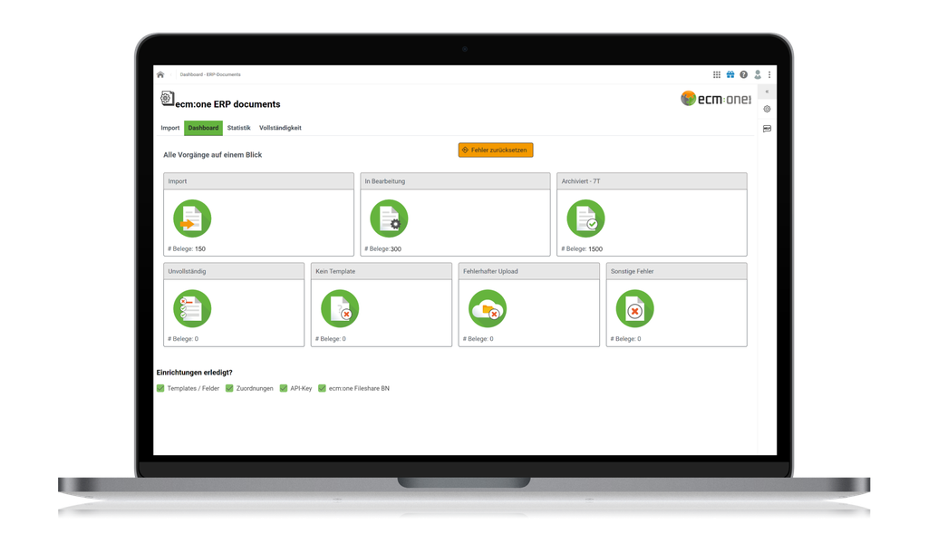Laptop displaying ecm:one ERP documents dashboard with categories like Import, In Progress, and Archived, each with document counts.