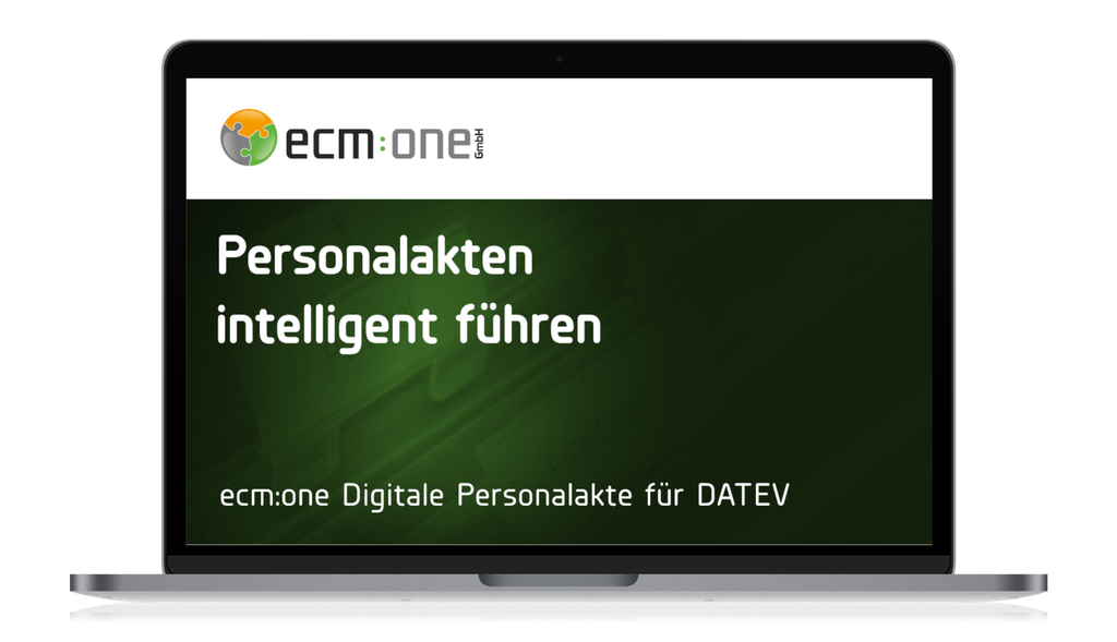 Laptop mit einem grün-weißen Bildschirm, auf dem die Texte „Personalakten intelligent führen“ und „ecm:one Digitale Personalakte für DATEV“ zu sehen sind.