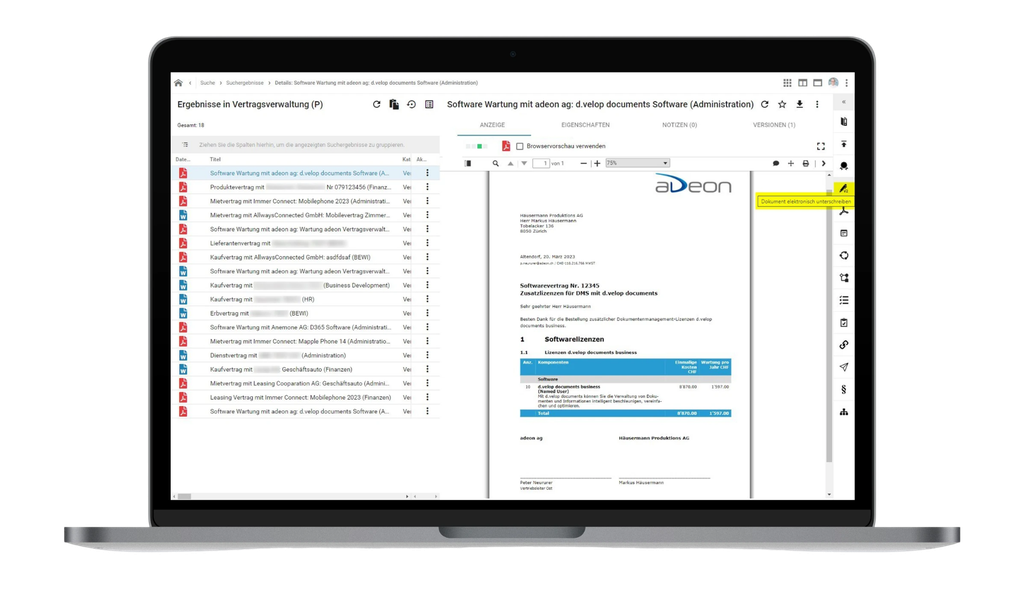 Laptop, auf dem eine Dokumentenverwaltungssoftware angezeigt wird, mit einem geöffneten Dokument auf der rechten Seite und einer Liste von Dateinamen auf der linken Seite.