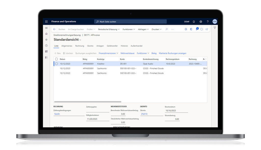Laptop screen displaying a finance and operations management software with invoice details and account transactions.