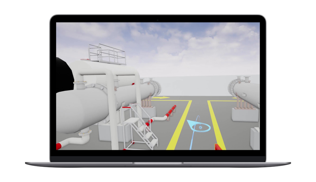 Laptop-Bildschirm, auf dem eine industrielle 3D-Simulation mit großen Rohren, einer Leiter und Laufstegen vor einem bewölkten Himmel zu sehen ist.