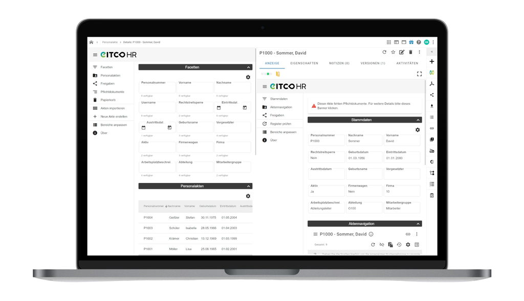 Laptop, auf dem das Dashboard einer Personalverwaltungssoftware mit Mitarbeiterdaten, Navigationsmenüs sowie Optionen zur individuellen Anpassung und zum Export angezeigt wird.