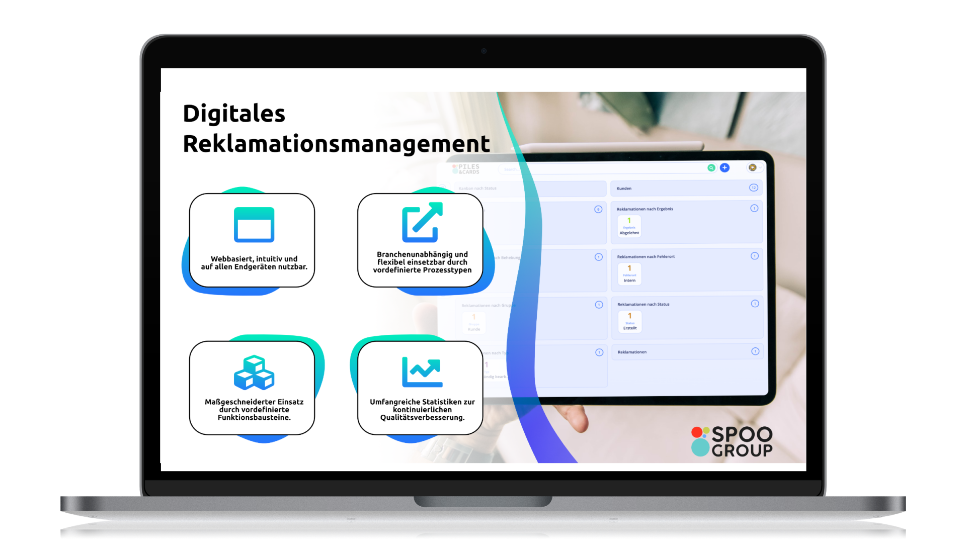 Laptop screen displaying digital claims management software with intuitive, flexible, and customizable features. SPOO Group logo visible.
