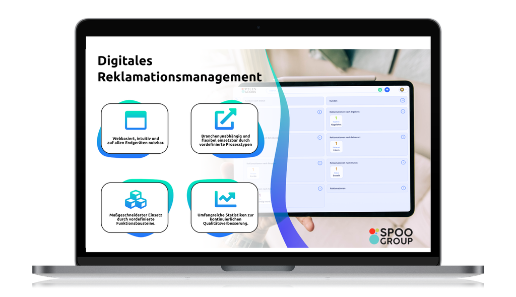 Laptop screen displaying digital claims management software with intuitive, flexible, and customizable features. SPOO Group logo visible.