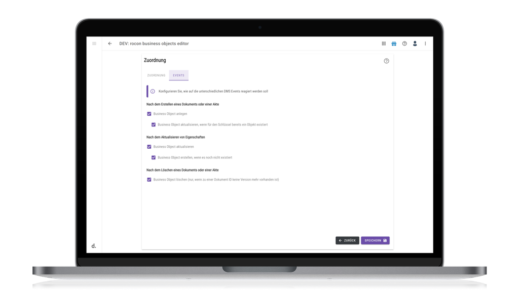 Laptop, auf dem eine Business-Objects-Editor-Oberfläche mit Textoptionen und einer violetten Seitenleiste angezeigt wird.