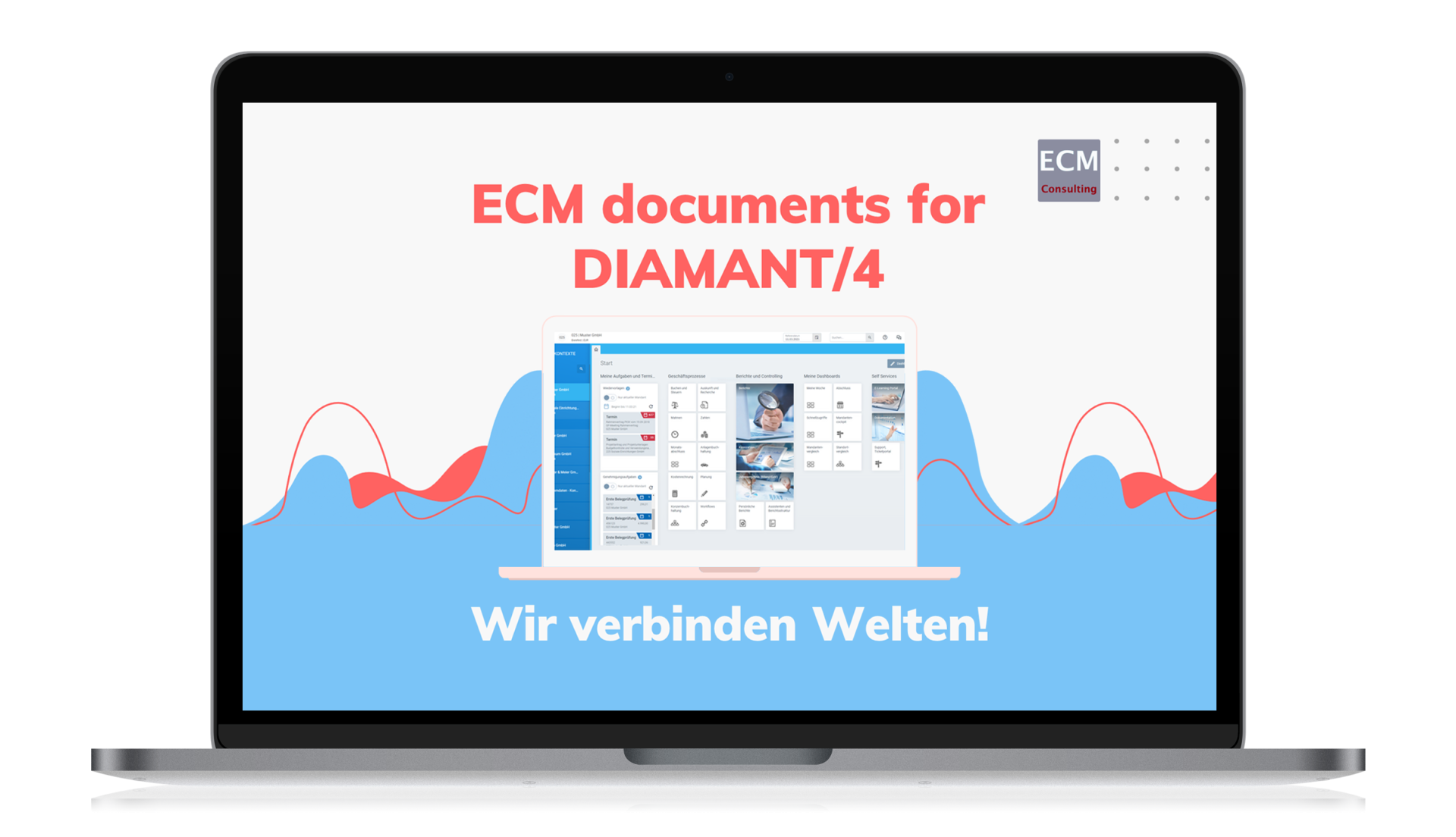 Ein Laptop, auf dessen Bildschirm eine Softwareoberfläche mit dem Text „ECM-Dokumente für DIAMANT/4“ und dem Slogan „Wir verbinden Welten!“ zu sehen ist.