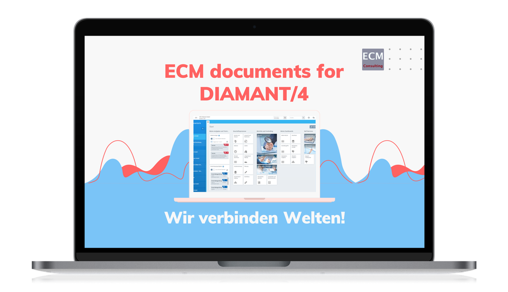 Ein Laptop, auf dessen Bildschirm eine Softwareoberfläche mit dem Text „ECM-Dokumente für DIAMANT/4“ und dem Slogan „Wir verbinden Welten!“ zu sehen ist.