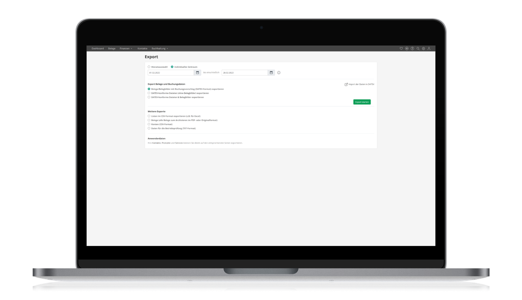 A laptop screen displaying an export interface with options for selecting dates and formats for exporting financial data.