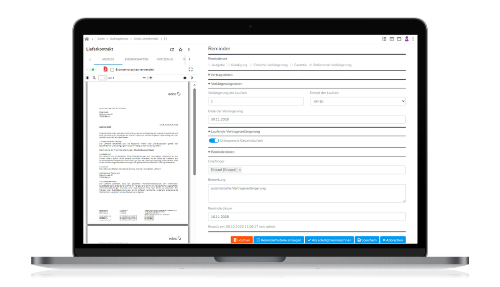 Laptop mit Vertragsverwaltungssoftware, die Bereiche für Erinnerungen, Fristen und Adressateninformationen umfasst.