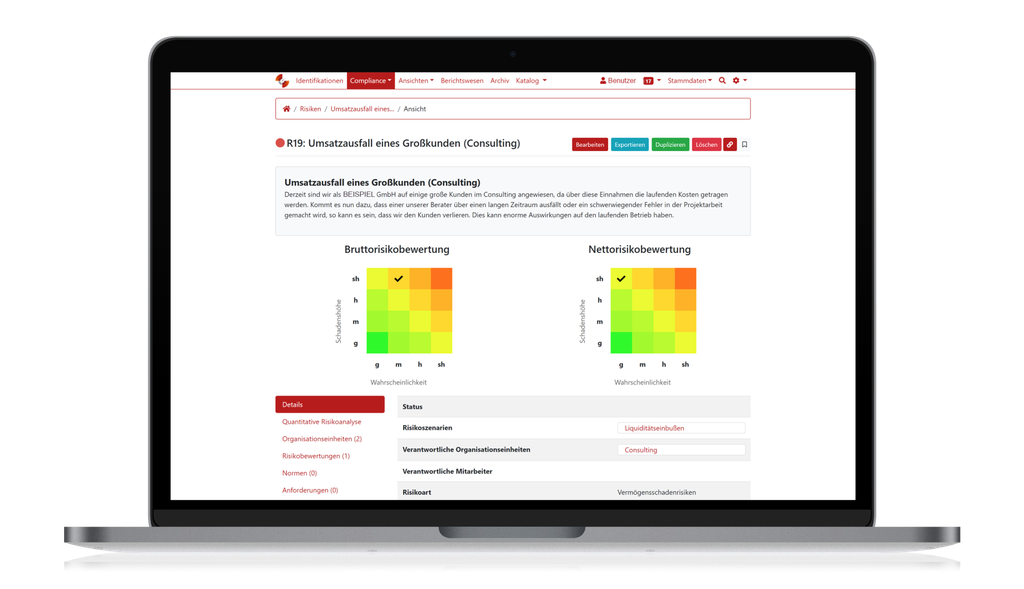 Ein Laptop, auf dem eine Webseite mit Risikobewertungs-Heatmaps, Registerkarten und detaillierten Daten zur Finanzberatung in deutscher Sprache angezeigt wird.