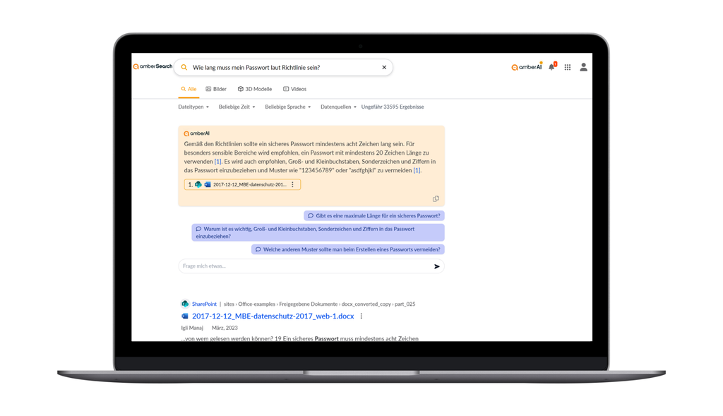 Ein Laptop-Bildschirm, auf dem eine Suchergebnisseite mit Passwortrichtlinien in deutscher Sprache und ein Chatbot für Unterhaltungen angezeigt werden.