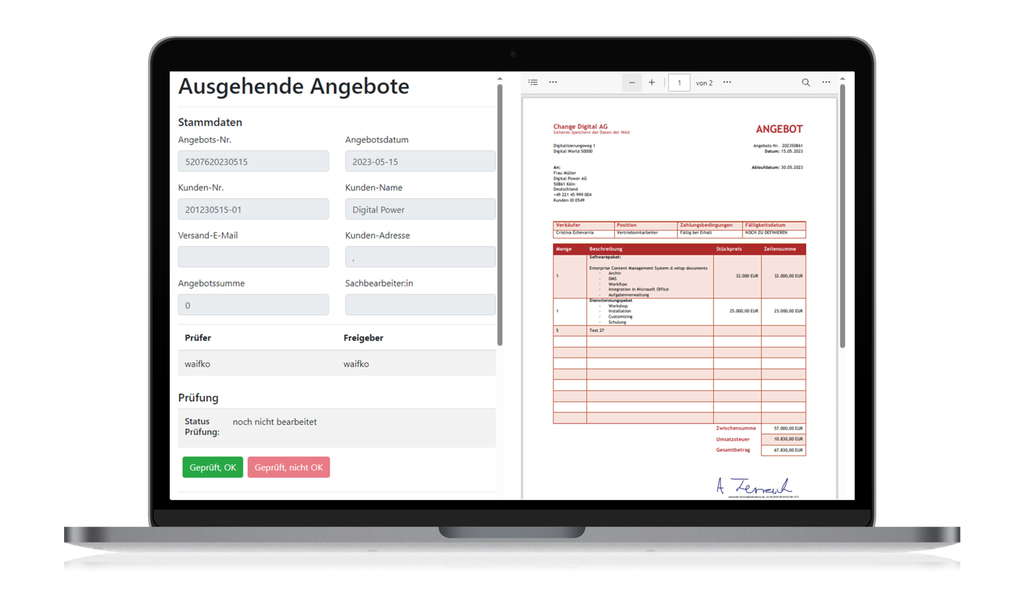 Ein Laptop, auf dem eine Benutzeroberfläche für ausgehende Angebote angezeigt wird, mit Kundendaten auf der linken Seite und einem formatierten Dokument auf der rechten Seite.
