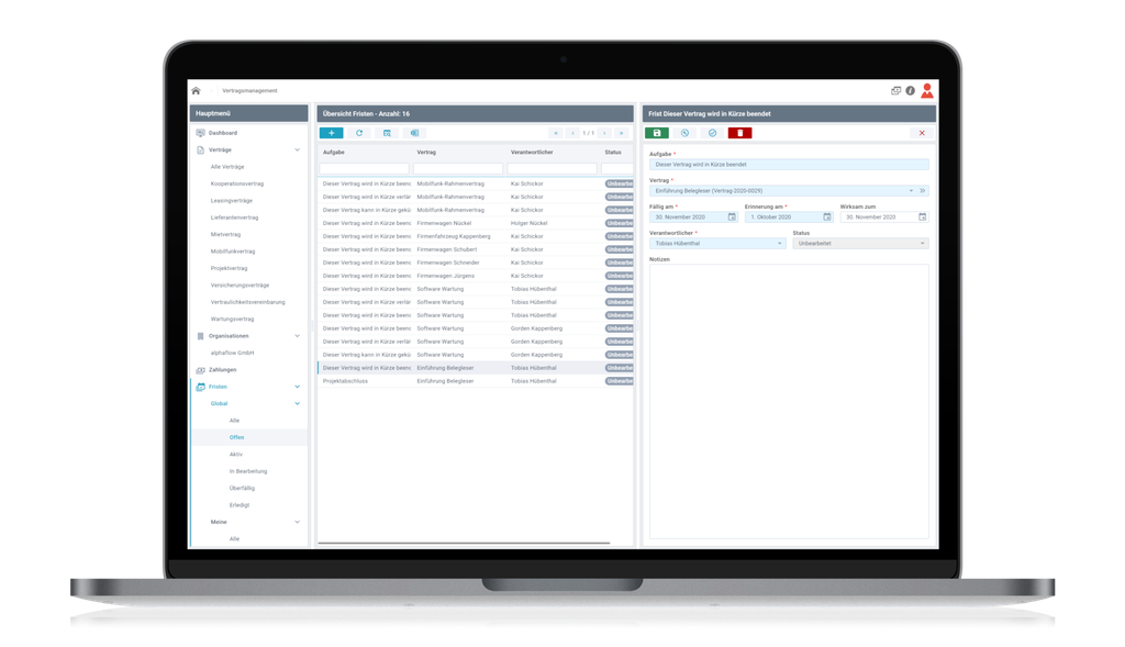 Laptop screen displaying a contract management software dashboard with a list of tasks, deadlines, and responsible individuals.