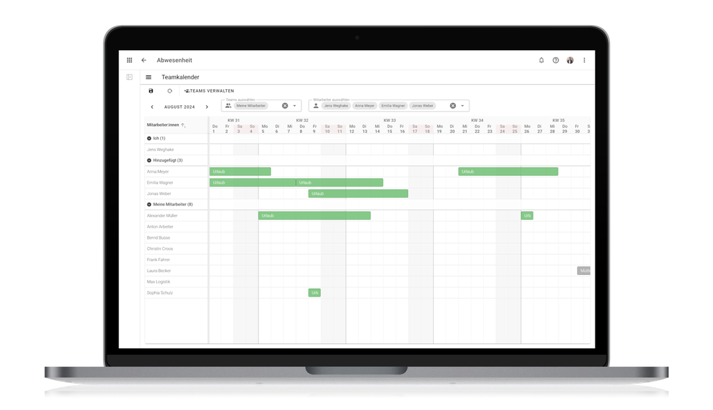 Laptop, auf dem ein Teamkalender im Gantt-Diagramm-Layout angezeigt wird, mit Aufgaben und Zeitachsen in Form von grünen Balken auf einem Rasterhintergrund.