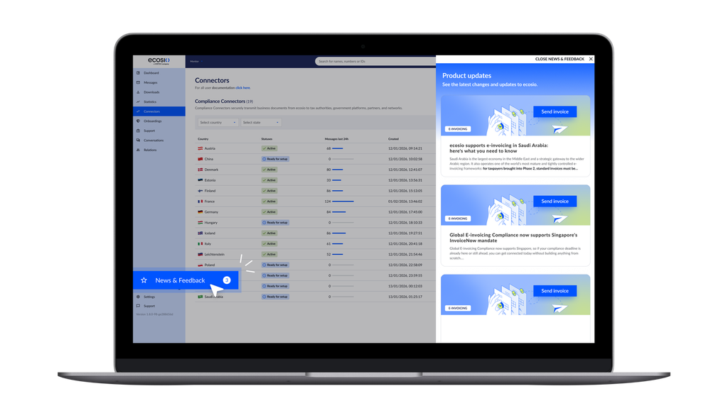 Laptop-Bildschirm, auf dem ein Compliance-Dashboard mit Länderstatus und aktuellen Nachrichten zur Einhaltung der Vorschriften für die elektronische Rechnungsstellung angezeigt wird.