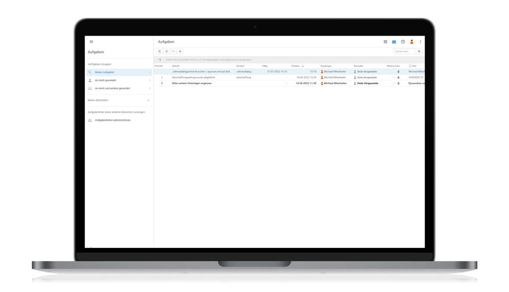 Ein Laptop, auf dem ein Dashboard zur Aufgabenverwaltung mit Listen, Symbolen und Spaltenüberschriften angezeigt wird.