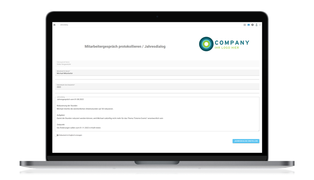 Ein Laptop, auf dem eine Unternehmenswebseite mit dem Titel „Mitarbeitergespräch protokollieren / Jahresdialog“ angezeigt wird, mit Eingabefeldern und einem Logo.