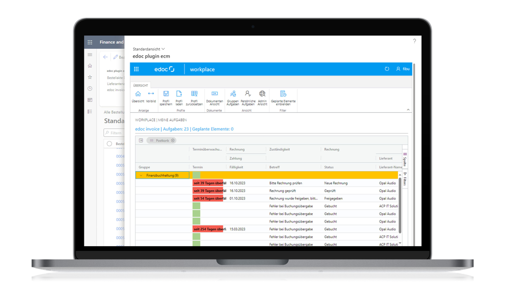 A laptop displays an edoc plugin ECM interface with a task list, overdue indicators, and financial accounting details.