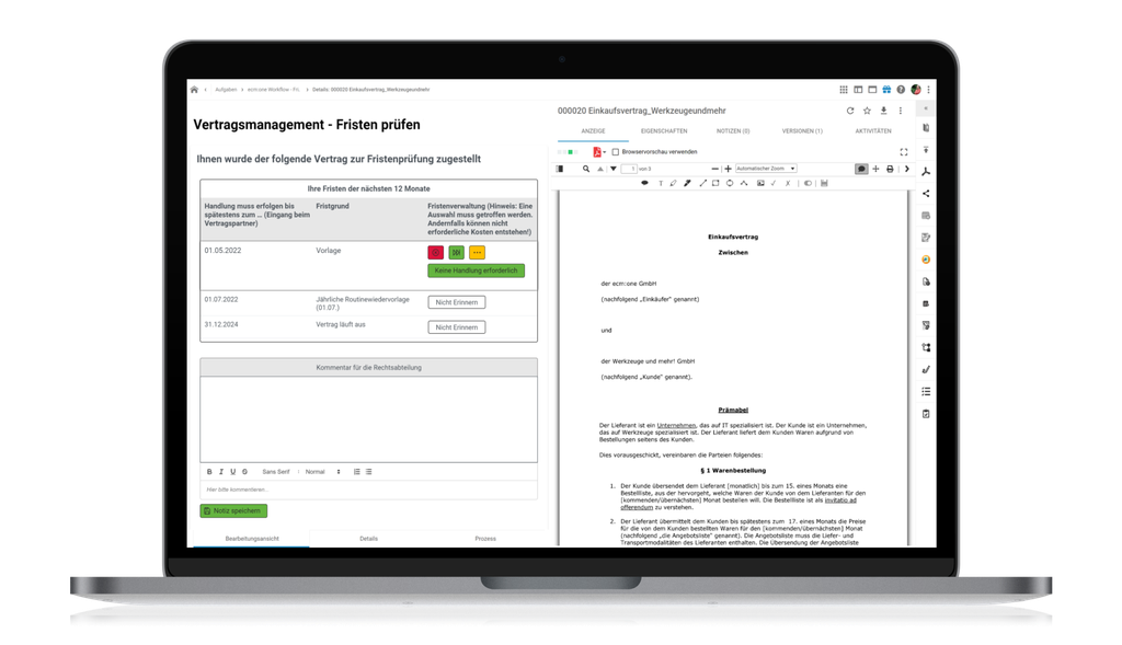 Laptop, auf dem eine Oberfläche für das Vertragsmanagement angezeigt wird, mit einem Formular auf der linken Seite und einem Dokumenteneditor auf der rechten Seite.