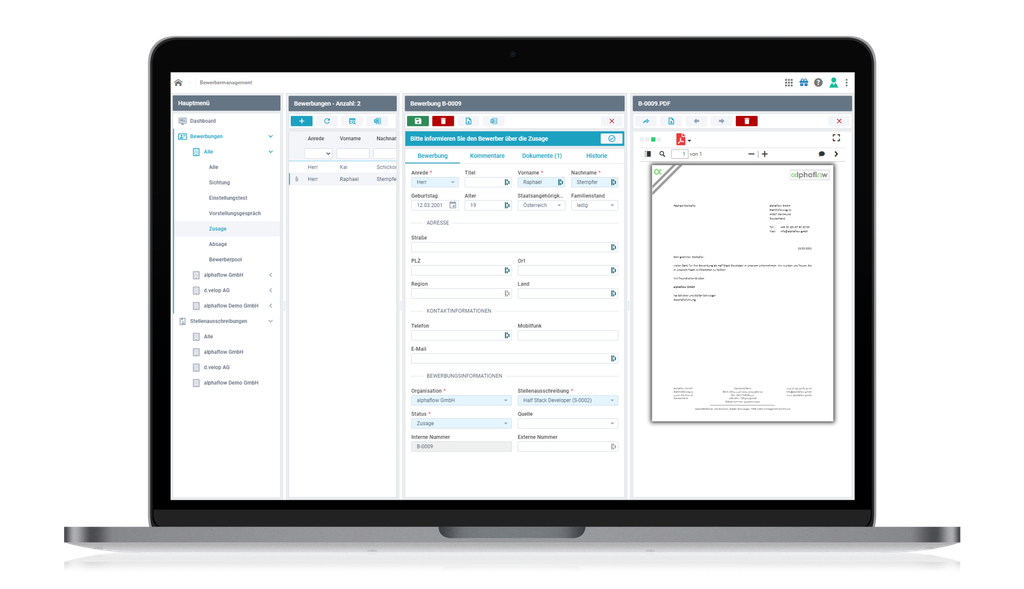A laptop displaying a document management software interface with multiple panels including forms, menus, and a document preview.