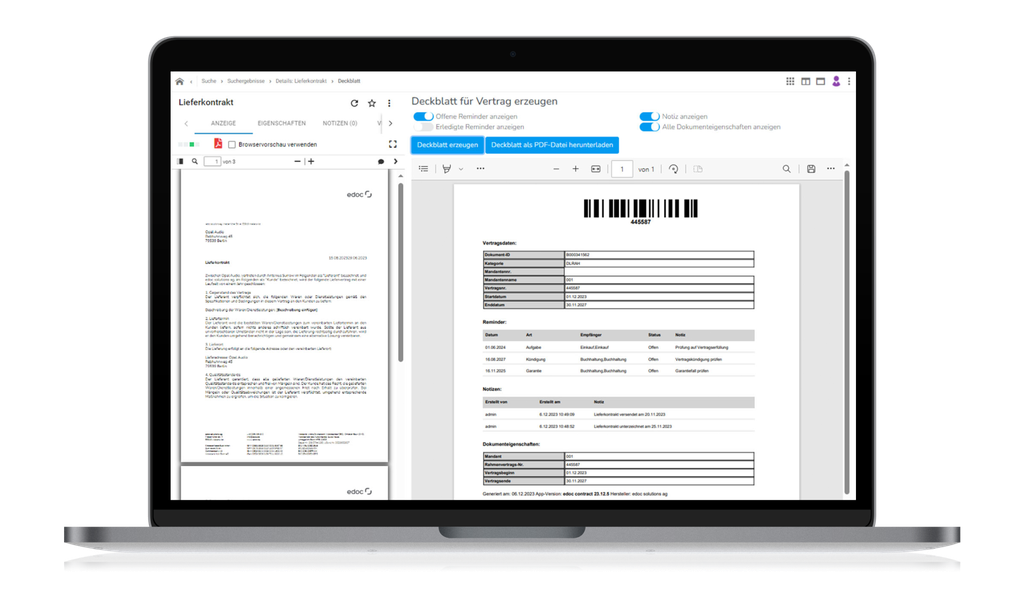 Ein Laptop, auf dessen Bildschirm ein Dokumenteneditor mit einer Vertragsvorlage angezeigt wird, die Text und Tabellen enthält.