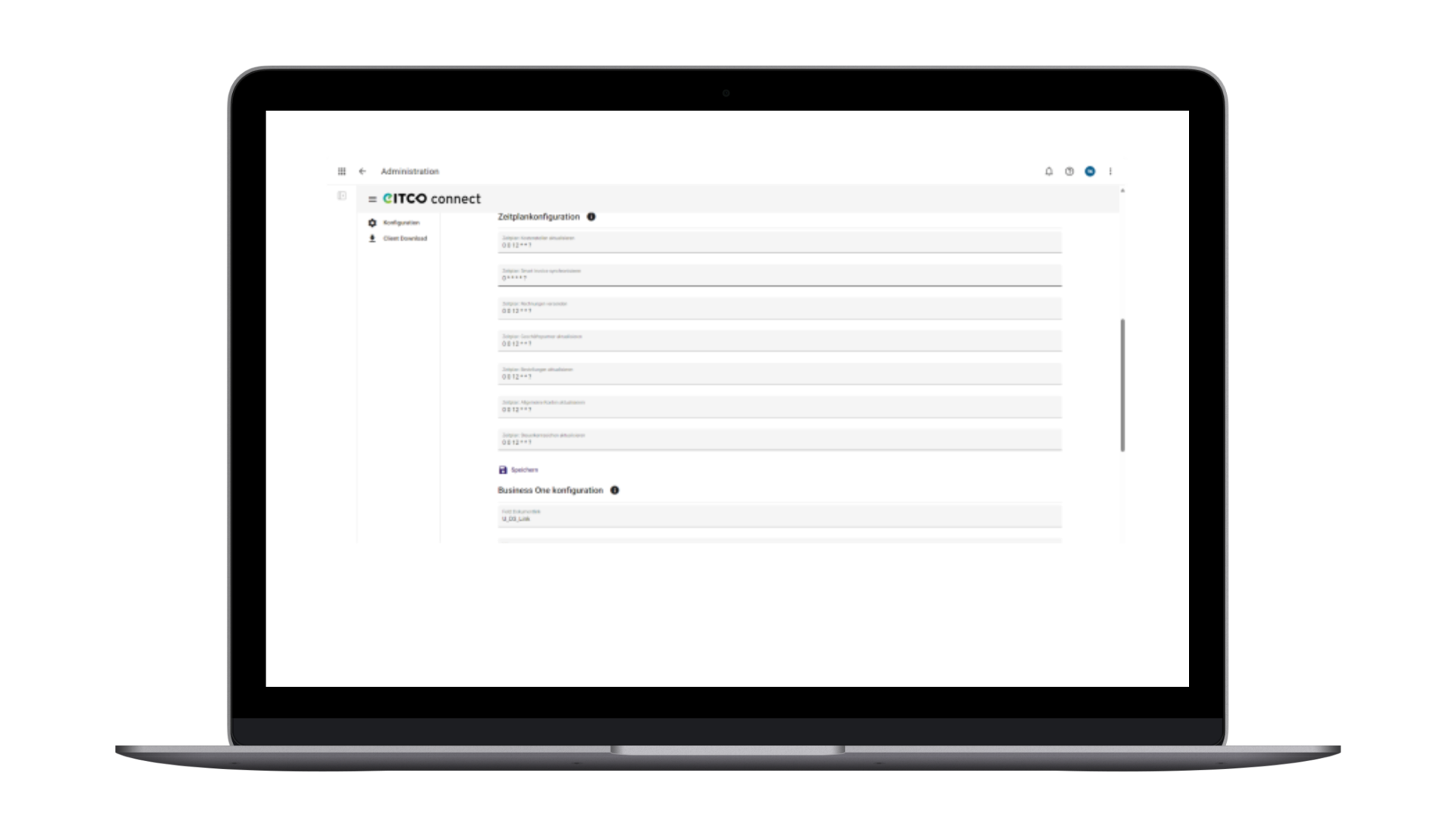 Ein Laptop, auf dem eine CTECO-Connect-Oberfläche mit Textfeldern und Abschnitten mit den Bezeichnungen „Erstkonfiguration“ und „Konfiguration der Geschäftsdaten“ angezeigt wird.