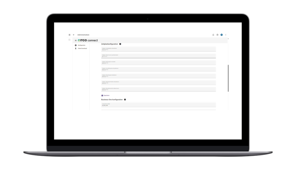 Ein Laptop, auf dem eine CTECO-Connect-Oberfläche mit Textfeldern und Abschnitten mit den Bezeichnungen „Erstkonfiguration“ und „Konfiguration der Geschäftsdaten“ angezeigt wird.