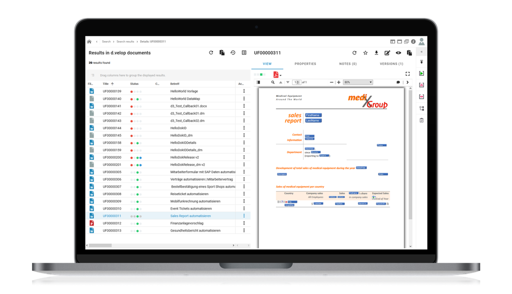 Ein Laptop, auf dessen Bildschirm die Benutzeroberfläche einer Dokumentenmanagement-Software angezeigt wird, mit einem hervorgehobenen Verkaufsbericht und verschiedenen Dateidetails, die auf der linken Seite aufgelistet sind.