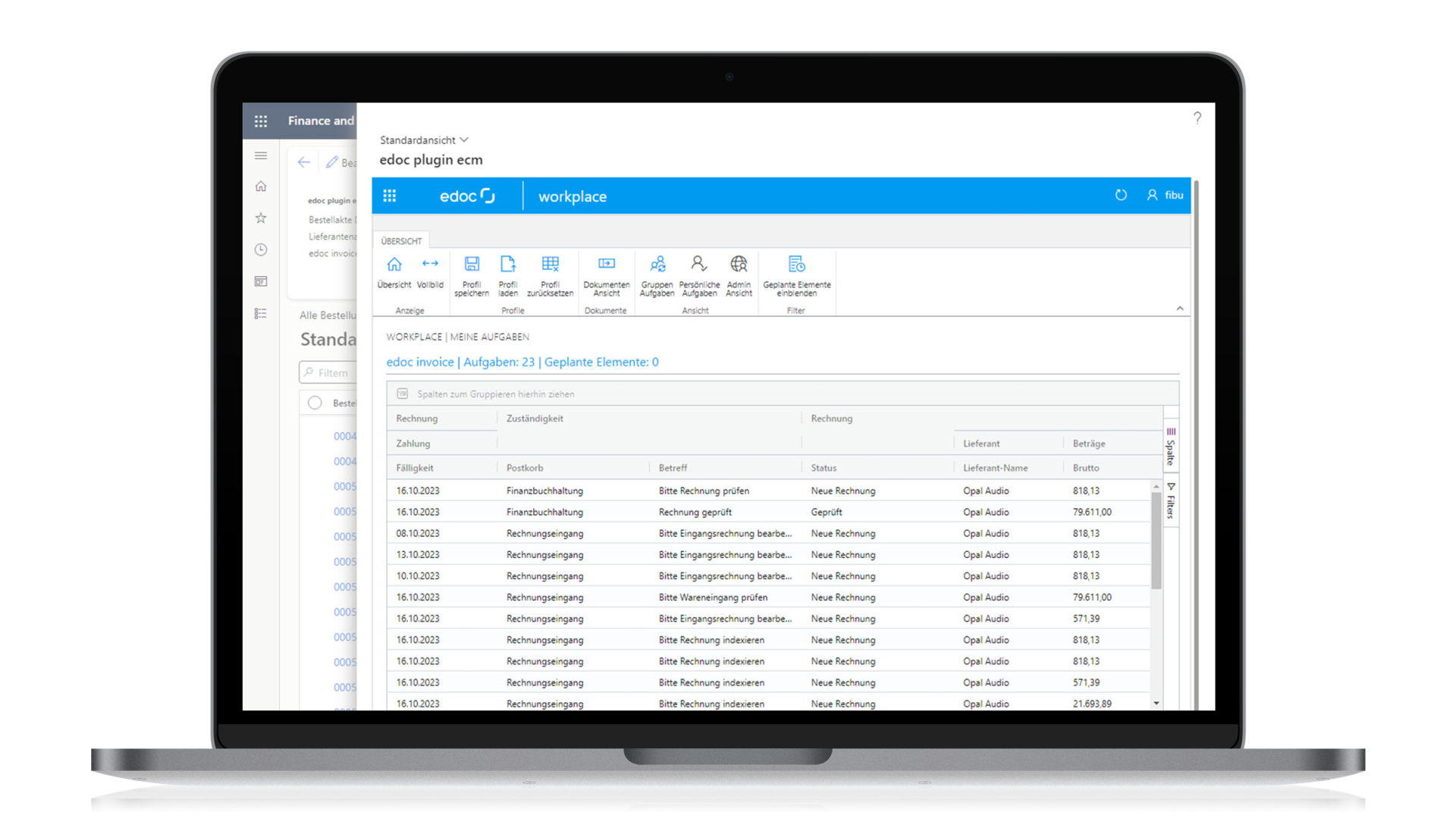 Laptop screen displaying a document management interface titled "edoc plugin ecm," with invoice tasks and financial details.