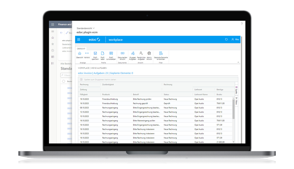 Laptop screen displaying a document management interface titled "edoc plugin ecm," with invoice tasks and financial details.