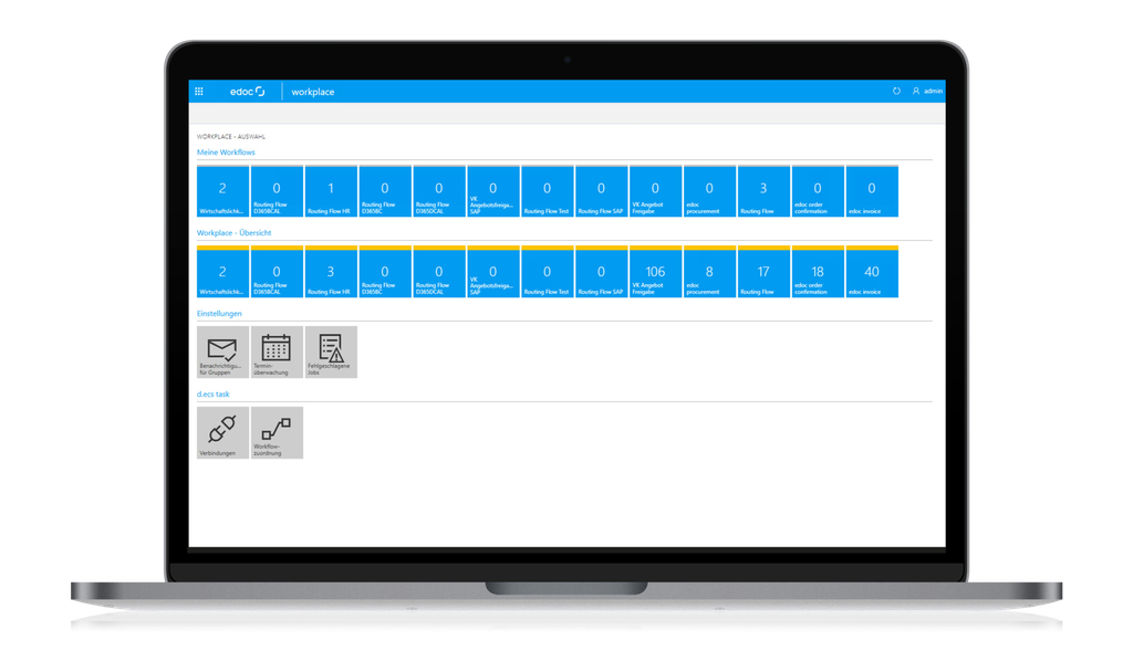 Ein Laptop, auf dem ein blau-weißes Dashboard mit nummerierten Kacheln und Symbolen zu sehen ist, das auf die Benutzeroberfläche eines Workflow-Managementsystems hindeutet.
